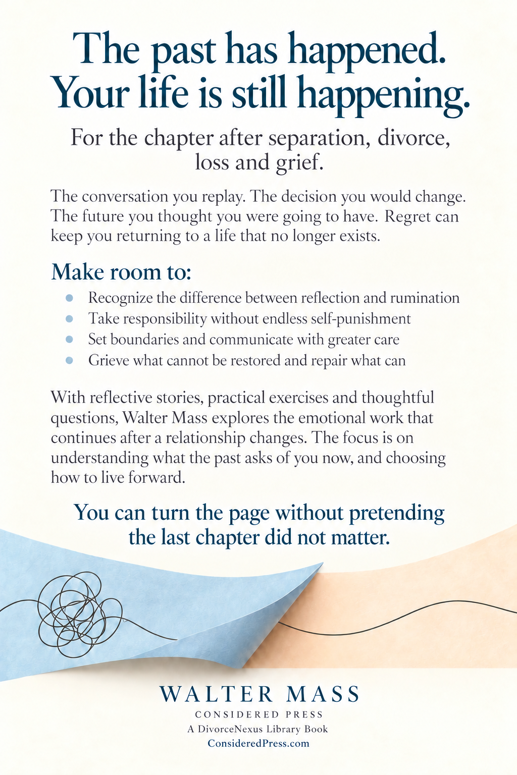Light cream back cover with dark teal text and a pale blue page turning toward warm peach